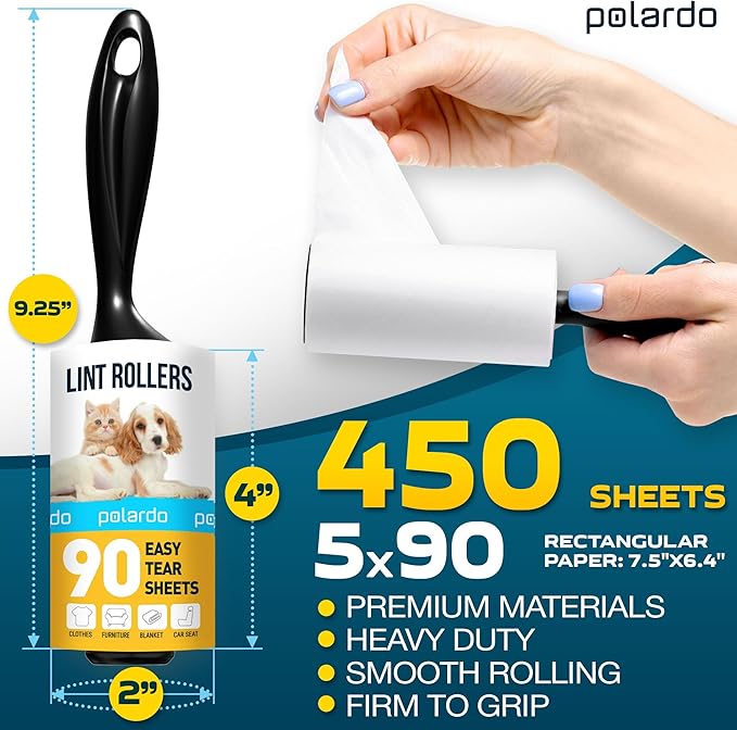 Lint Rollers for Pet Hair, Sticky, Remover for Couch, Clothes Furniture and Carpet. Dog Hair Remover Cat Hair, Animal Fur, Fuzz. 5 Large Lint Rollers