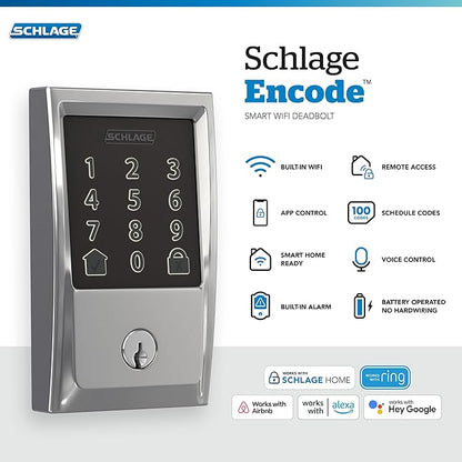 Schlage Encode Smart WiFi Deadbolt with Century Trim In Bright Chrome