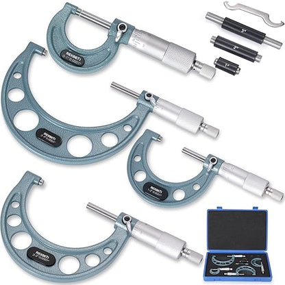 REXBETI 4Pcs Outside Micrometer Set, 0-4" Machinist Micrometer, Ultra-Precision Carbide Tipped Measuring Tool Set, 0.001" Graduation, +/-0.0001" Accuracy, Protective Case