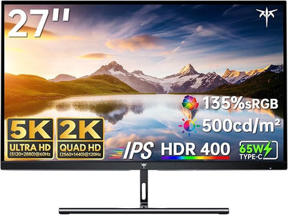KTC 5K Monitor 27 Inch: Dual Mode 5K (5120x2880) @60Hz / 2K@160Hz Computer Monitor, 99% DCI-P3, 100% sRGB, ΔE＜2, Type-C 65W, HDMI & DP, HDR400, Compatible with Mac mini, H27P3
