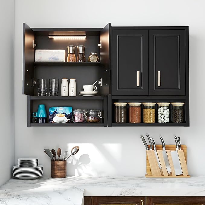 Black Wall Cabinet 23x29 inch for Bathroom Laundry Room Bedroom Kitchen Wood Medicine Cabinet, DIY Lighting, Soft-Close Hinge, 2 Door,Above Toilet Storage