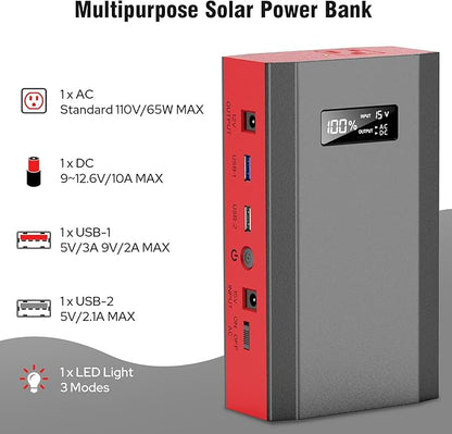 Solar Power Bank with AC Outlet 110V 65W, 100W USB C Power Bank Fast Charging Battery Pack with 30W solar charger Panel Foldable for Laptop Smart Device Outdoor Hilking fishing Power Outage Backup