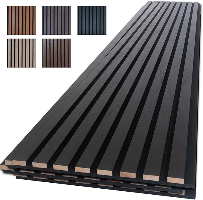 NeatiEase Wood Slat Wall Panels, 4-Piece 96" x 12.6", Soundproof & Noise Cancelling, Acoustic Wall Panels (Black)