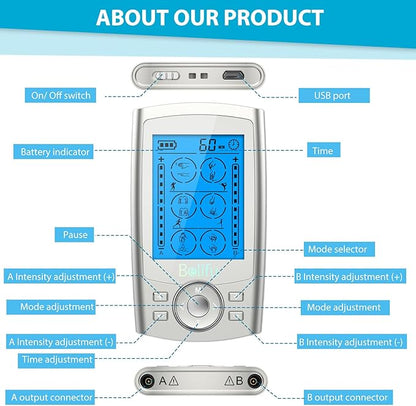 Belifu Dual Channel TENS EMS Unit 24 Modes Muscle Stimulator for Pain Relief Therapy, Electronic Pulse Massager Muscle Massager with 10 Pads, Dust-Proof Drawstring Storage Bag, Fastening Cable Ties
