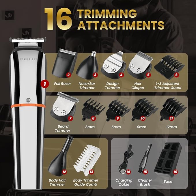 PRITECH Beard Trimmer for Men,6 in 1 Hair Clippers Kit, Precision Cordless Grooming Kit Waterproof IPX6 for Beard, Hair, Body, Nose, Ear, with Foil Razor (Silver)