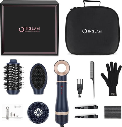 Hair Dryer Brush Set, IG INGLAM 4 in 1 Blowout Brush, Negative Ion Detachable Hair Dryer & Styler Volumizer Hot Air Hair Dryer Brush with 2 Styling Brush Heads, Prussian Blue