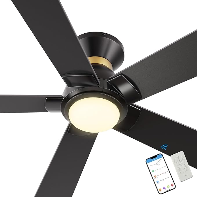 SMAAIR 52 Inch Smart Ceiling Fan with Light and Remote, Flush Mount Modern Ceiling Fan with lights,Compatible with Alexa/Google Assistant/Siri,Timer and Schedule,10 Speed DC Motor,Black