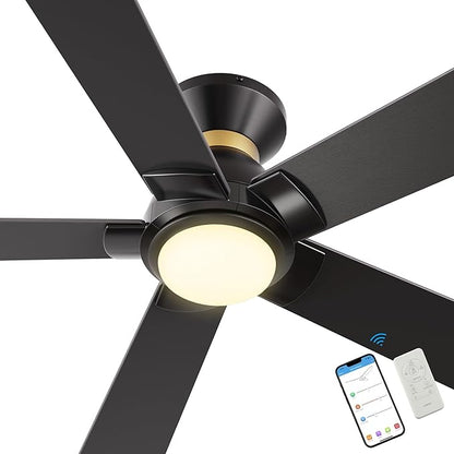 SMAAIR 52 Inch Smart Ceiling Fan with Light and Remote, Flush Mount Modern Ceiling Fan with lights,Compatible with Alexa/Google Assistant/Siri,Timer and Schedule,10 Speed DC Motor,Black