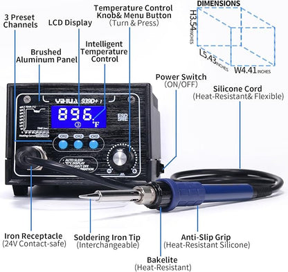 YIHUA 939D+ I Soldering Station, Upgraded, 75 Watt Equivalent with 3 Memories, °C/°F LCD display, Sleep Function, Automatic Shutdown & Brushed Aluminum Panel(Iron-burn Resistant)