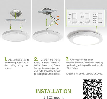 ASD LED 12" Round Flush Mount Ceiling Light Fixture, Low Profile Surface Lighting | 5CCT, Motion Sensored, Ultra-Thin, ETL Listed | 24W 1700LM 2700-6000K 120V | Kitchen, Hallway Lamp | White
