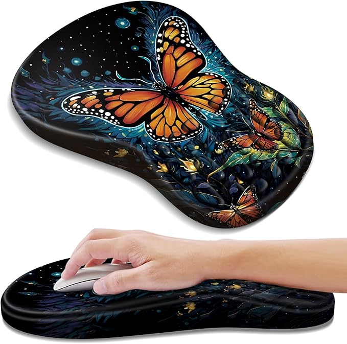 YIWEI Ergonomic Mouse Pad with Wrist Rest - Comfortable Office Mousepad with Memory Foam Wrist Support for Carpal Tunnel Relief, Mouse Pads with Non-Slip Base for Gaming and Home (Butterfly)