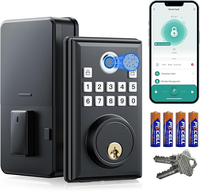 CAMCAMP Keyless Entry Door Lock, Fingerprint Door Lock with APP Remote Control, Smart Lock for Front Door/Bedroom, Easy-to-Install Keypad Deadbolt, Auto-Locking, 4 AA Batteries Include