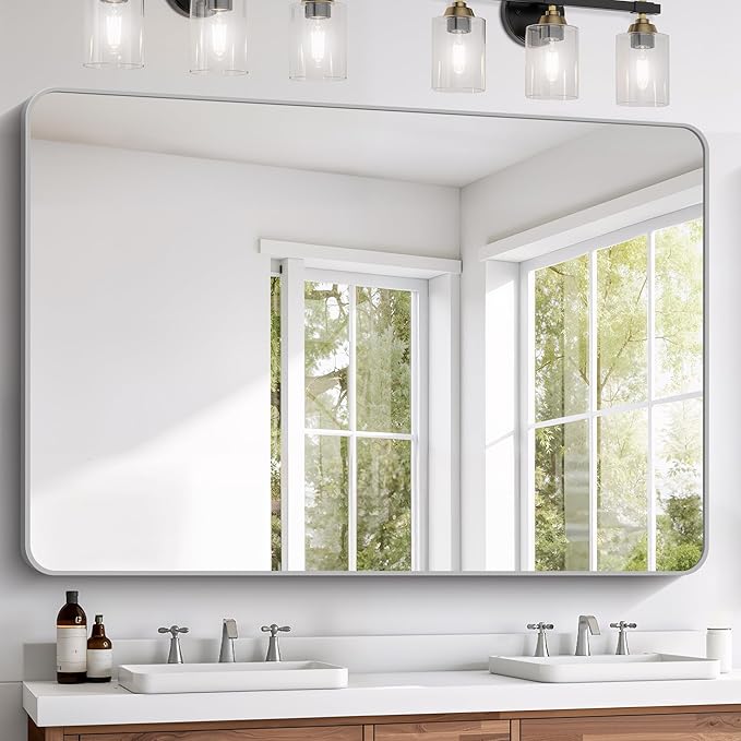 FORBATH 60x40 Inch Silver Bathroom Mirror for Over Sink, Large Rectangular Wall Mirror with Metal Frame, Rounded Corners for Bathroom, Bedroom, Entryway Decor (Horizontal or Vertical)
