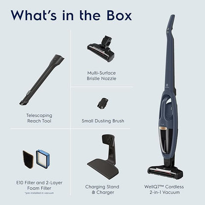 Electrolux WellQ7 Cordless 2-in-1 Vacuum with High Suction Power and 5-Step Filtration System, 50-Minute Run Time, 2 Power Modes, Denim Blue