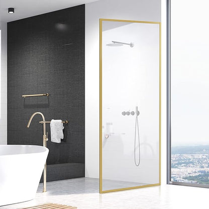 Bathroom Fixed Glass Shower Wall Panels, 34 in W x 74 in H Framed Tempered Shower Glass Panel for Open Walk-in Bathroom and Bathtub, Clear Glass Shower Panel with Matte Brushed Gold Finish