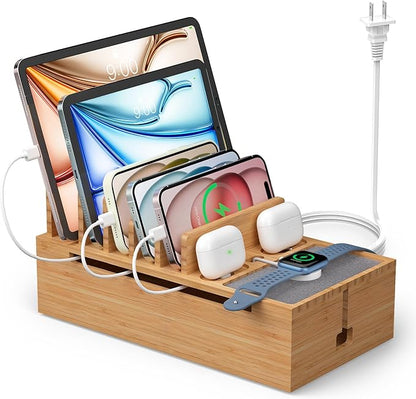 Pezin & Hulin Cell Phone Charging Station for Multi Devices, All in One Desktop Charger Organizer, with Power USB Charge Adapter and 6 Cables, Use As Power Strip Hidden Box -Natural Bamboo Color