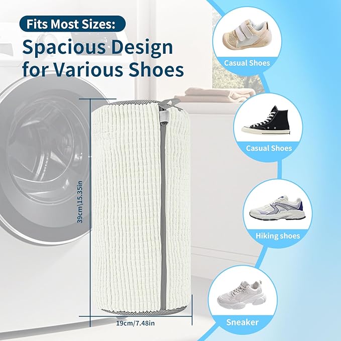 Shoe Washing Machine Bag: Laundry Shoe Bag for Washer and Dryer - 2pc Durable Hidden Zipper Reusable Shoe Cleaning Bag for Sneaker Tennis Shoes, Fluffy Fibers Keep 360° Wrap-around Cleaning