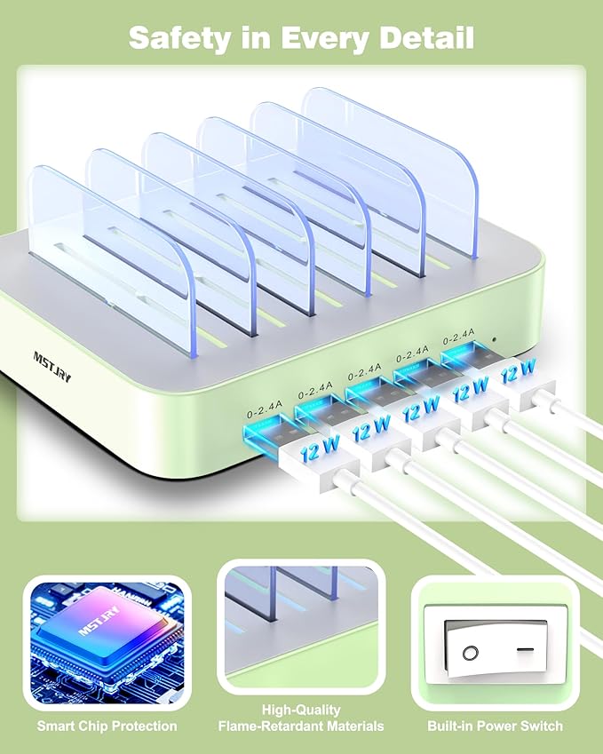 MSTJRY Charging Station for Multiple Devices : 5 Port Multi USB-A Charger Stations Multi-Device Organizer Charging Dock Designed for iPhone iPad Cell Phone Tablets (7 Short Cables Included), Cyan