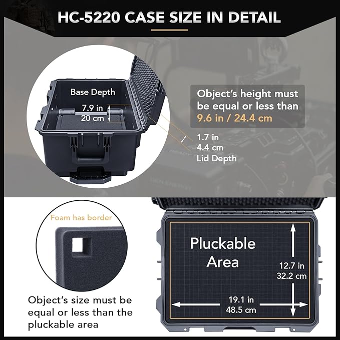 Lykus HC-5220 Waterproof Hard Case with Wheels and Customizable Foam, Interior Size 20.5x14.2x9.7 inch, Suitable for camera, lens, drone, mic, flashlight, projector, electronics, tools, and more