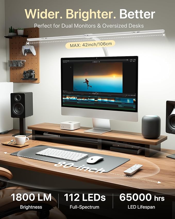 ONEMIX 42" LED Desk Lamp for Home Office, Eye-Caring Desk Light with Adjustable 4-Segment Bar, 1800LM Bright, Remote, Architect Table Lamp with Base for Dual Monitors, Reading, Study, Workbench(White)
