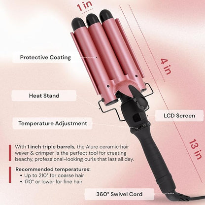 Alure Three Barrel Curling Iron Wand Hair Waver with LCD Temperature Display - 1 Inch Ceramic Tourmaline Triple Barrels, Dual Voltage Crimp (Rose Gold)