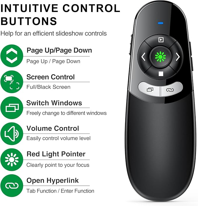 DINOSTRIKE USB A and USB C Presentation Clicker Green Light, RF 2.4GHz Wireless Presenter Remote Powerpoint Clicker Slide Advancer for Mac Laptop Computer Office Classroom