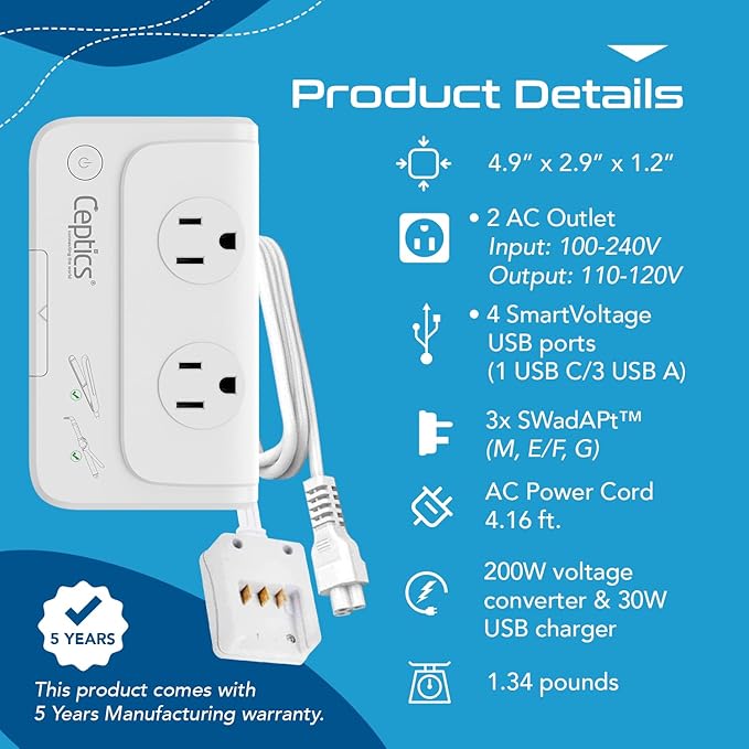 Ceptics South Africa Voltage Converter - 200W Convert 220V to 110V for Devices Like Curling Iron, Straightener, Chargers, Step Down World Power Plug 4 USB PD 18W Fast Charging Type M, G, E/F