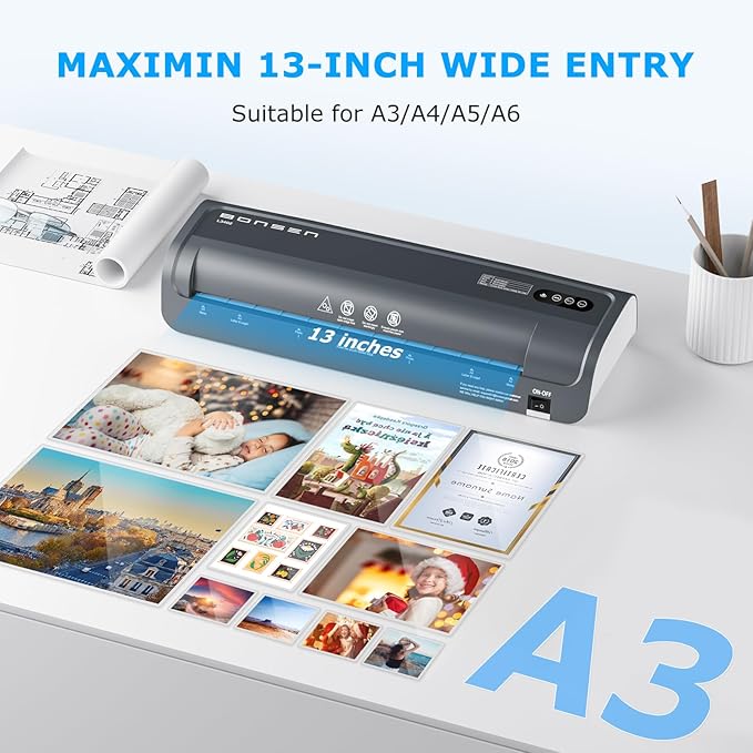 Laminator Machine, Bonsen 13 Inch Wide Thermal Laminator with Never Jam Technology, A3 Laminating Machine with 100 Laminating Sheets for School, Office and Home, Black (L3402)