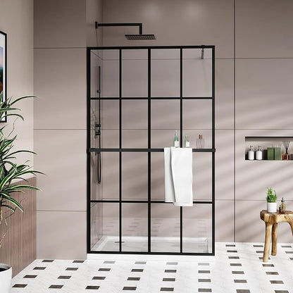 Goodyo 46" x 72" Shower Glass Door Tempered Glass Shower Screen with Towel Rack Tool Bar for Walk in Bathroom, 16-Grid Modern Desigh, Matte Black Finish