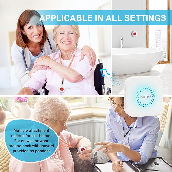 CallToU Wireless Caregiver Pager Call Button for Hard of Hearing Waterproof 500+ FT Nurse Alert System Elderly Monitoring Patient/Seniors 3 Panic Button 1 Plug-in 1 Vibration Receiver