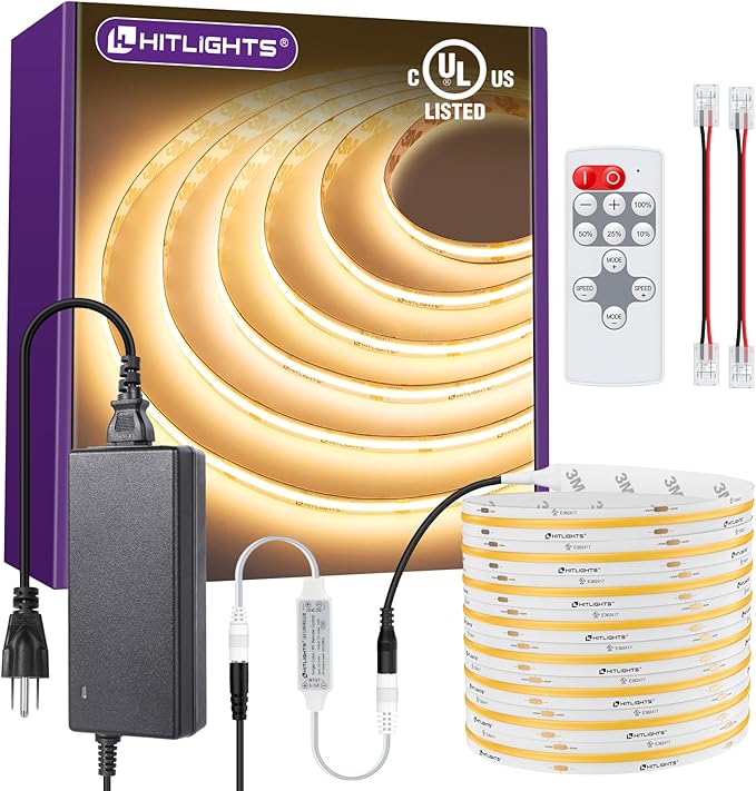 HitLights COB LED Strip Lights Kit Warm White with Remote & 24V Power Supply,16.4ft Dimmable Tape Light 3000K, 2560LEDs, 350+LM/FT, UL Listed, Flexible Rope Lights for Bedroom Kitchen Cabinet Lighting