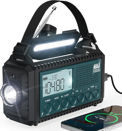 Emergency Weather Radio with AM/FM/NOAA/SW, 5 Ways Powered Solar Hand Crank Alert Radio with LCD Display&SOS, 5000 Portable Radio with Cellphone Charger, Flashlight, Reading Lamp, Headphone Jack