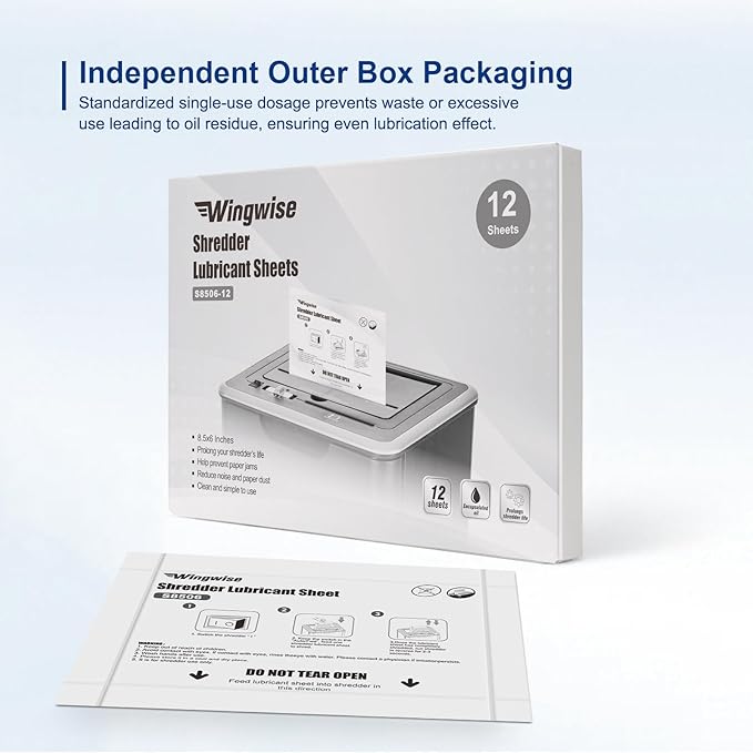 Wingwise 12-Pack Shredder Lubricant Sheets, 8.5 x 6 Inches, Sharpens Blades & Reduces Jams, Mess-Free Maintenance for All Shredders