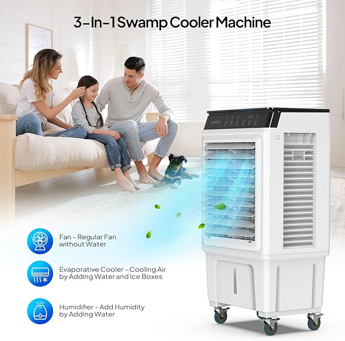 ROVSUN 2300CFM Portable Air Cooler, 7.9Gal/30L Evaporative Swamp Cooler, 3-IN-1 Cooling Fan with Remote Control, 12H Timer & 4 Ice Box, 3 Speeds, Humidifying Oscillating Fan for Indoor or Outdoor