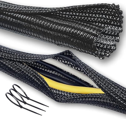 Cable Management Split Wire Loom Sleeve - Cord Hider & Protector for Desk, Pet Chew Proof, Wire Cover Organizer, Flexible Tube for Wires and Cables (1 Inch 12FT, Black)