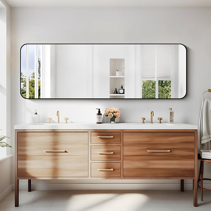 60" x 20"Bathroom Mirror, Matte Black Wall Mirror with Metal Frame, Decorative Rectangular Vanity Mirror for Bedroom Bathroom Living Room Entryway (Horizontal/Vertical)