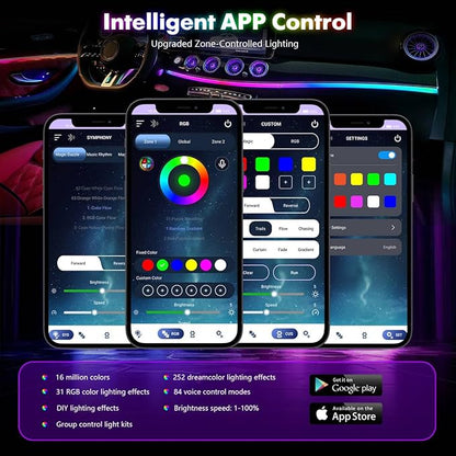 New Version Dreamcolor Acrylic Car Interior Lights 18 in 1 RGB Car Ambient Lighting Kit APP Control Zoned Control System 252 Color Modes DIY 16 Million Colors Music Sound Active Neon LED Strip Lights