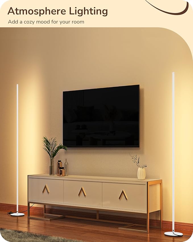 EDISHINE Minimalist LED Corner Floor Lamp with Remote, Set of 2 Modern Dimmable Mood Light, 57.5" Tall Floor Lamp for Bedroom, Living Room, 7 Color Temperature 2700-6000K, (White)