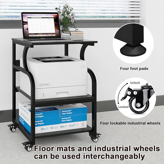 Natwind Large Printer Stand,24''x20''x29''Printer Table with Adjustable Storage Shelf,3 Tier Rolling Printer Cart with Wheels,Home Office Multifunctional Shelves for Heat Press (Black)