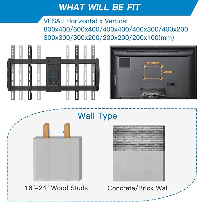 PERLESMITH Long Arm TV Wall Mount for 42-90 inch TVs, Full Motion TV Mount with 42.72 inch Extension Articulating Arm Swivel and Tilt, Max VESA 800x400mm, Holds up to 150 lbs, 16”,18”, 24” Studs