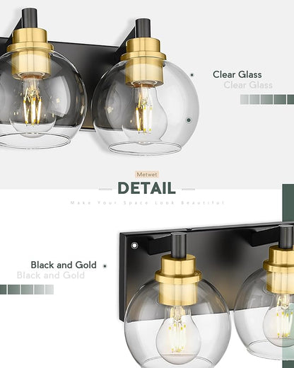 METWET Bathroom Light Fixtures, 5-Light Black and Gold Bathroom Vanity Light, 32 Inch Modern Wall Sconces with Globe Clear Glass Shade, Vanity Lighting Fixtures Over Mirror, VL195-KG-5