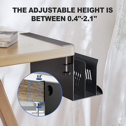 Litwaro Desk Side Storage Organizer, 2 Tier Laptop Holder Clamp on Desk Organizer, No Drill Laptop Mount with Magnetic Pen Holder, Hanging Desk Organizer Fits Flat Edge Table 0.4" to 2.1" (Black)