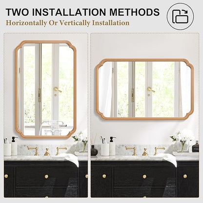 30"x48" Wood Bathroom Mirror for Wall, Large Wood Bathroom Vanity Mirror, Rounded Rectangle Mirror in Wooden Frame Hangs Horizontal Or Vertical