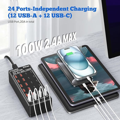 USB Charger Station, C Charging Block, 100W (20A) 24 Port Multiple USBCharger Desktop Wall Charger Hub 12 USB A 12 USB C Compatible for Apple iPhone, iPad, Samsung Galaxy, Laptop, Pixel, Phones