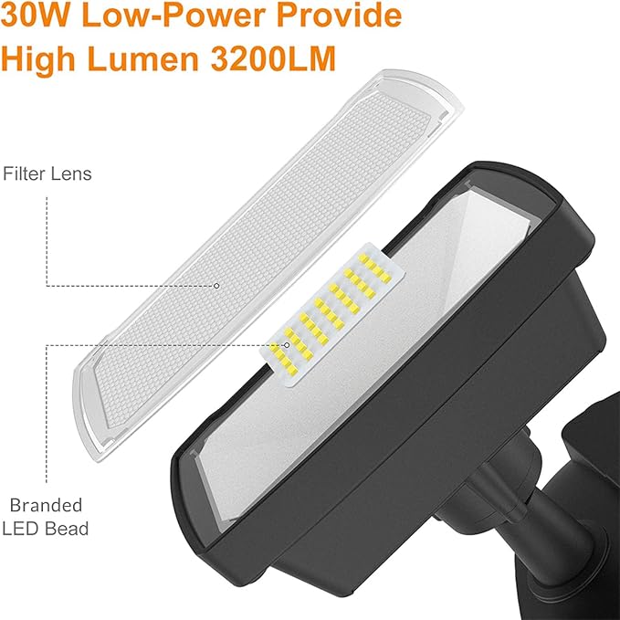 LEPOWER LED Security Lights Motion Sensor Light Outdoor, 30W 3200LM Motion Security Light, 5500K, IP65 Waterproof, 2 Head Motion Detector Flood Light for Garage, Yard, Porch, Black (Not Solar Powered)