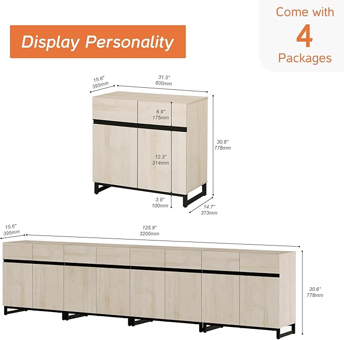 WAMPAT Modern TV Stand for TVs up to 120 inch, 4 in 1 Wood Entertainment Center TV Console Table with Adjustable Shelves and Metal Base for Living Room,Bedroom,Light Oak