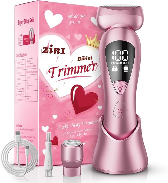 rategist Cordless Electric Razors for Women: Rechargeable Painless Bikini Trimmer for Body Hair - IPX7 Waterproof Shaver with LED Display for Face/Underarm/Leg Light Pink