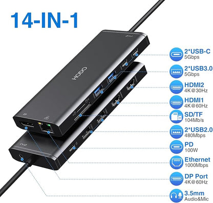 Dell HP USB C Docking Station - Dual/3 Monitor Triple Display, 2X HDMI 4K, DP, Ethernet, 6 USB, PD, SD/TF, Audio, Adapter 14 in 1 for Lenovo