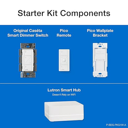 Lutron Caseta Original Smart Dimmer Switch Kit w/ Hub, with Pico Remote, Wallmount Bracket, & Smart Hub, Works with Alexa, Apple Home, Google Home, 3 Way, 150W, No Neutral Req, P-BDG-PKG1W-A