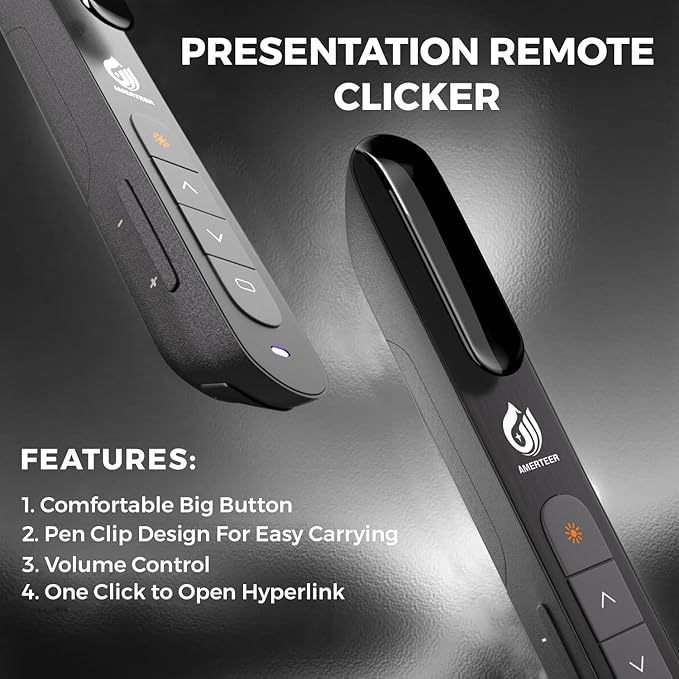 AMERTEER Wireless Presenter,Support Hyperlink RF 2.4GHz Powerpoint PPT Clicker Presentation Remote Control Laser Pointer Flip Pen